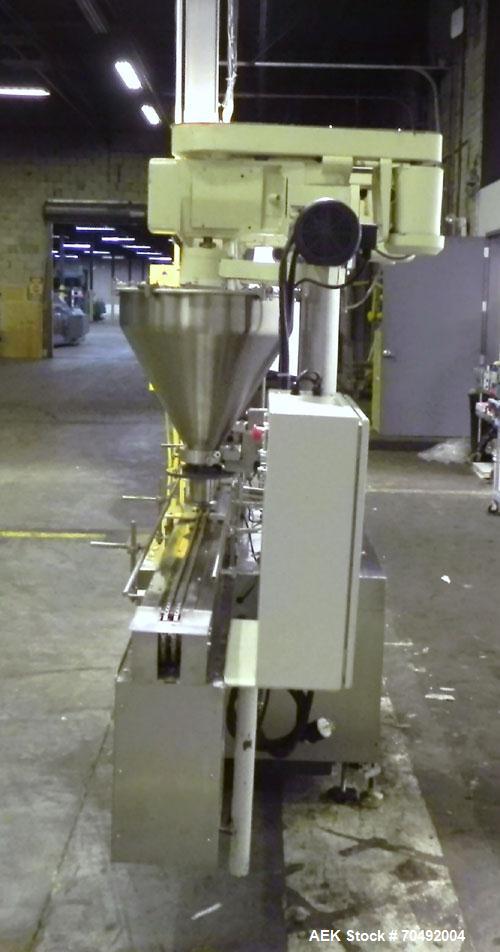 Used Mateer Dual Head Powder Auger Filler. Dual chain conveyor, 3/8" wide x 120" long. Has agitated hoppers. Has spinner plate tooling with dust collection. pneaumatic container indexing & bottom up ...