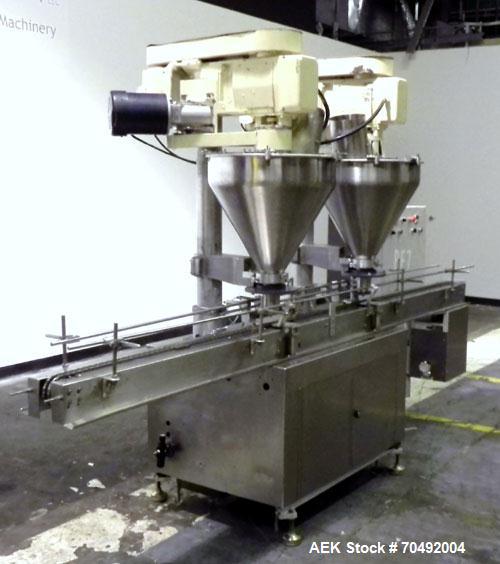 Used Mateer Dual Head Powder Auger Filler. Dual chain conveyor, 3/8" wide x 120" long. Has agitated hoppers. Has spinner plate tooling with dust collection. pneaumatic container indexing & bottom up ...