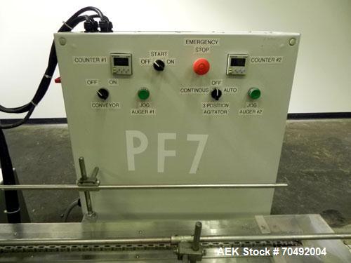 Used Mateer Dual Head Powder Auger Filler. Dual chain conveyor, 3/8" wide x 120" long. Has agitated hoppers. Has spinner plate tooling with dust collection. pneaumatic container indexing & bottom up ...