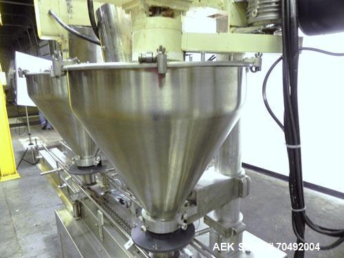 Used Mateer Dual Head Powder Auger Filler. Dual chain conveyor, 3/8" wide x 120" long. Has agitated hoppers. Has spinner plate tooling with dust collection. pneaumatic container indexing & bottom up ...