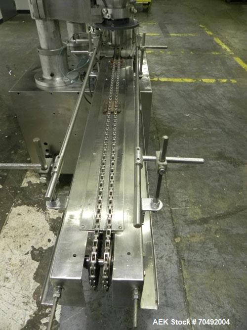 Used Mateer Dual Head Powder Auger Filler. Dual chain conveyor, 3/8" wide x 120" long. Has agitated hoppers. Has spinner plate tooling with dust collection. pneaumatic container indexing & bottom up ...