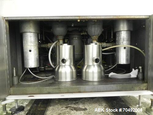 Used Mateer Dual Head Powder Auger Filler. Dual chain conveyor, 3/8" wide x 120" long. Has agitated hoppers. Has spinner plate tooling with dust collection. pneaumatic container indexing & bottom up ...
