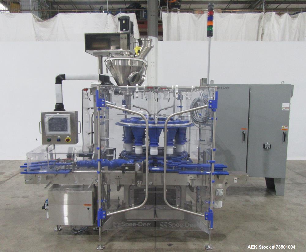 Unused Speed Dee Model 3700S Servo Rotary Auger Filler with Integrated Wipotec (OCS) Checkweigher. Has Twin Auger filler with 36" Diameter base unit. Dyco bottle throttle for transitioning bottles of...