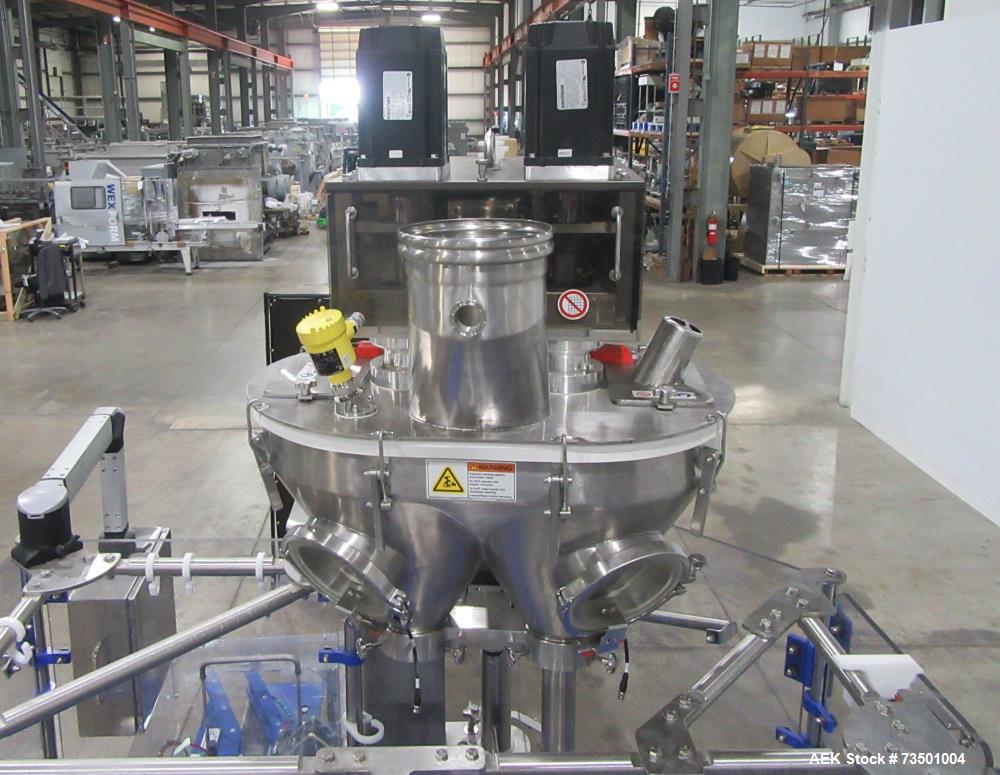 Unused Speed Dee Model 3700S Servo Rotary Auger Filler with Integrated Wipotec (OCS) Checkweigher. Has Twin Auger filler with 36" Diameter base unit. Dyco bottle throttle for transitioning bottles of...