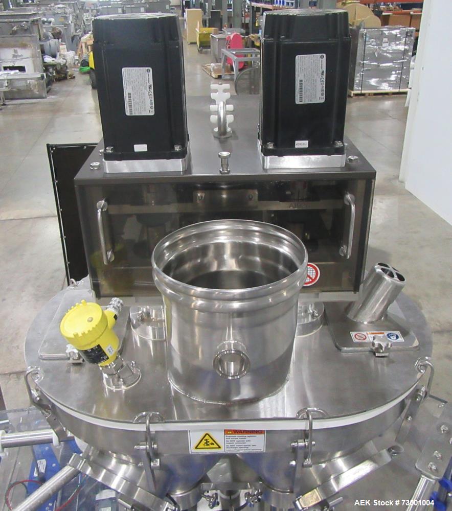 Unused Speed Dee Model 3700S Servo Rotary Auger Filler with Integrated Wipotec (OCS) Checkweigher. Has Twin Auger filler with 36" Diameter base unit. Dyco bottle throttle for transitioning bottles of...