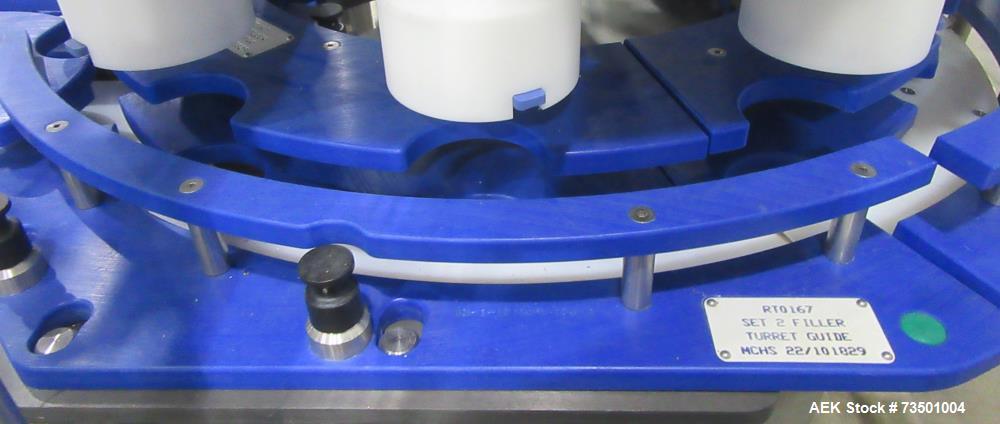 Unused Speed Dee Model 3700S Servo Rotary Auger Filler with Integrated Wipotec (OCS) Checkweigher. Has Twin Auger filler with 36" Diameter base unit. Dyco bottle throttle for transitioning bottles of...