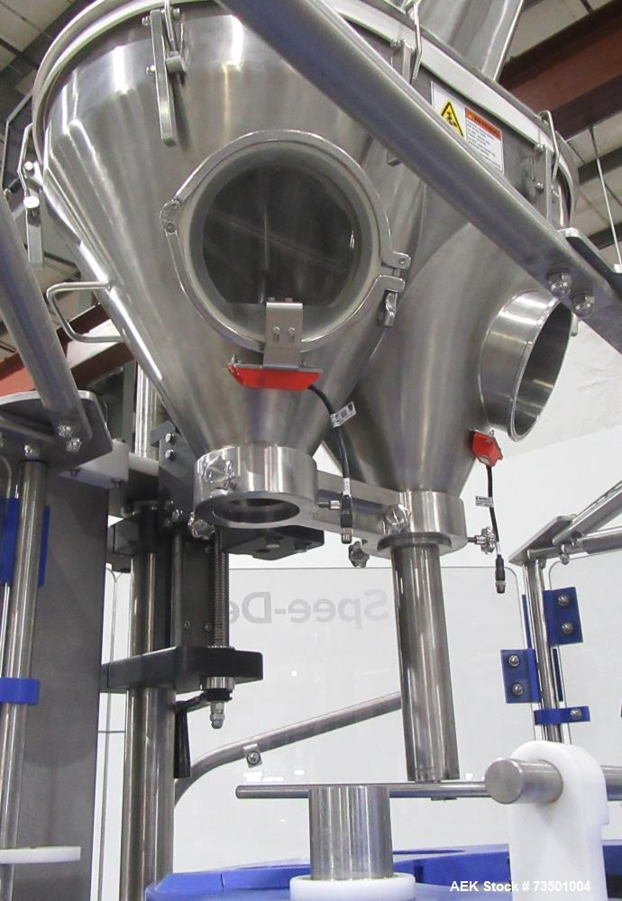 Unused Speed Dee Model 3700S Servo Rotary Auger Filler with Integrated Wipotec (OCS) Checkweigher. Has Twin Auger filler with 36" Diameter base unit. Dyco bottle throttle for transitioning bottles of...