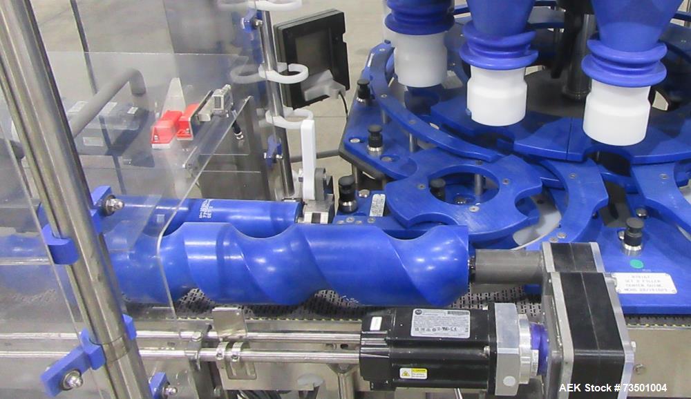 Unused Speed Dee Model 3700S Servo Rotary Auger Filler with Integrated Wipotec (OCS) Checkweigher. Has Twin Auger filler with 36" Diameter base unit. Dyco bottle throttle for transitioning bottles of...