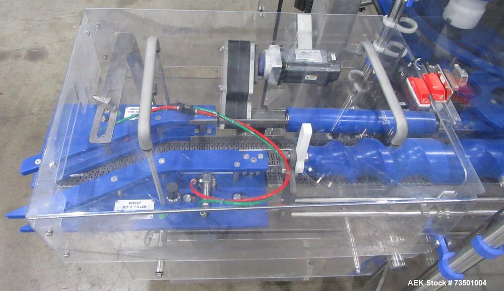 Unused Speed Dee Model 3700S Servo Rotary Auger Filler with Integrated Wipotec (OCS) Checkweigher. Has Twin Auger filler with 36" Diameter base unit. Dyco bottle throttle for transitioning bottles of...