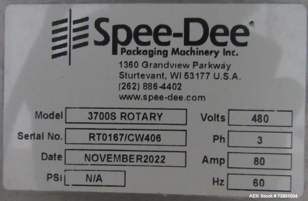 Unused Speed Dee Model 3700S Servo Rotary Auger Filler with Integrated Wipotec (OCS) Checkweigher. Has Twin Auger filler with 36" Diameter base unit. Dyco bottle throttle for transitioning bottles of...