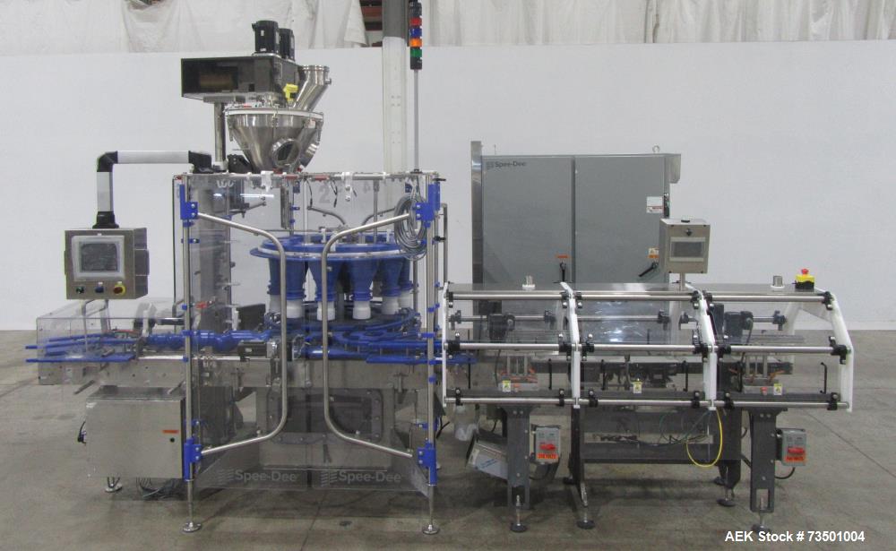 Unused Speed Dee Model 3700S Servo Rotary Auger Filler with Integrated Wipotec (OCS) Checkweigher. Has Twin Auger filler with 36" Diameter base unit. Dyco bottle throttle for transitioning bottles of...
