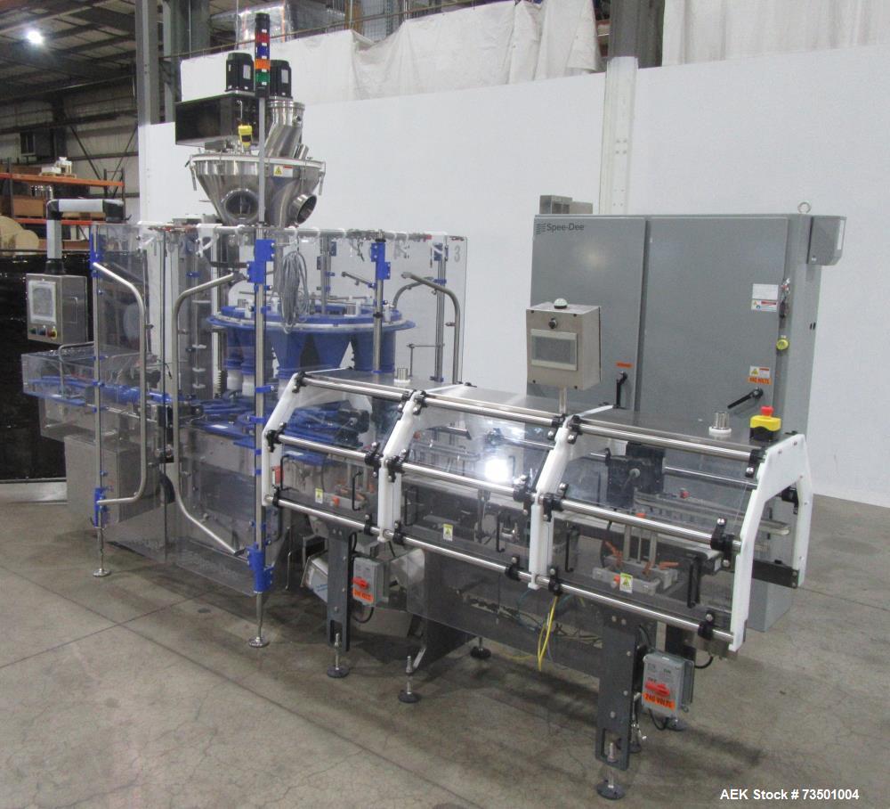Unused Speed Dee Model 3700S Servo Rotary Auger Filler with Integrated Wipotec (OCS) Checkweigher. Has Twin Auger filler with 36" Diameter base unit. Dyco bottle throttle for transitioning bottles of...