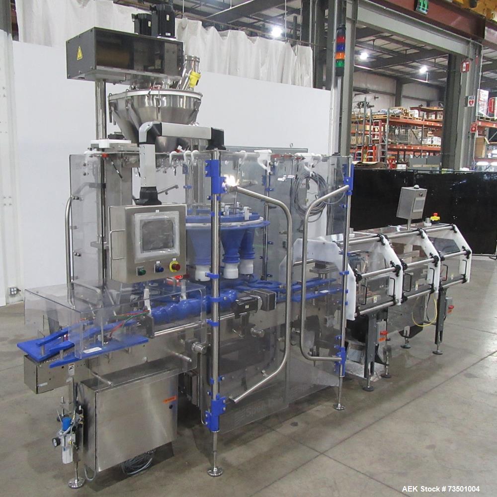 Unused Speed Dee Model 3700S Servo Rotary Auger Filler with Integrated Wipotec (OCS) Checkweigher. Has Twin Auger filler with 36" Diameter base unit. Dyco bottle throttle for transitioning bottles of...