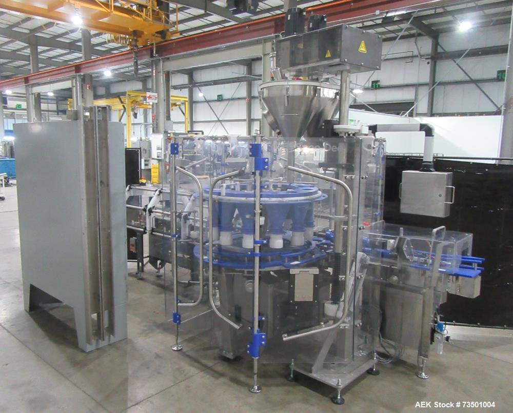 Unused Speed Dee Model 3700S Servo Rotary Auger Filler with Integrated Wipotec (OCS) Checkweigher. Has Twin Auger filler with 36" Diameter base unit. Dyco bottle throttle for transitioning bottles of...
