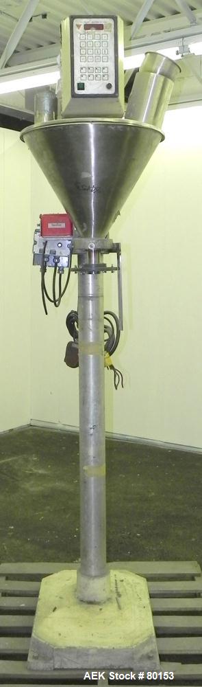 Used AFI All-Fill Gravimetric filler, Model 210881. 304 Stainless steel hopper, 38 liter (10 gallon), 22" diameter x 18" cone, 1-3/4" auger discharge thru a 2" center bottom outlet, auger driven by a...