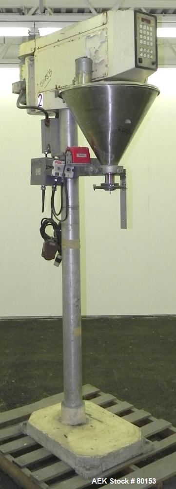 Used AFI All-Fill Gravimetric filler, Model 210881. 304 Stainless steel hopper, 38 liter (10 gallon), 22" diameter x 18" cone, 1-3/4" auger discharge thru a 2" center bottom outlet, auger driven by a...