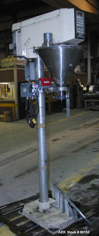 Used AFI All-Fill Gravimetric filler, Model 210881. 304 Stainless steel hopper, 38 liter (10 gallon), 22" diameter x 18" cone, 1-3/4" auger discharge thru a 2" center bottom outlet, auger driven by a...
