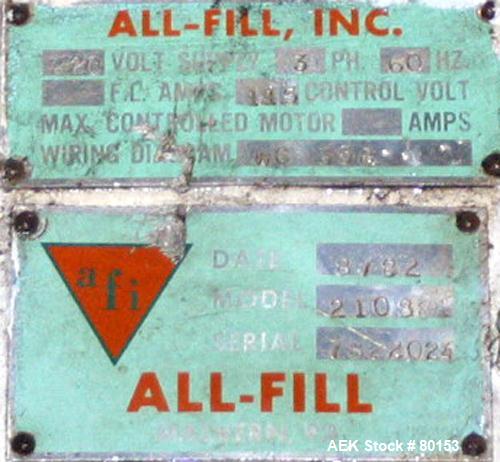 Used AFI All-Fill Gravimetric filler, Model 210881. 304 Stainless steel hopper, 38 liter (10 gallon), 22" diameter x 18" cone, 1-3/4" auger discharge thru a 2" center bottom outlet, auger driven by a...