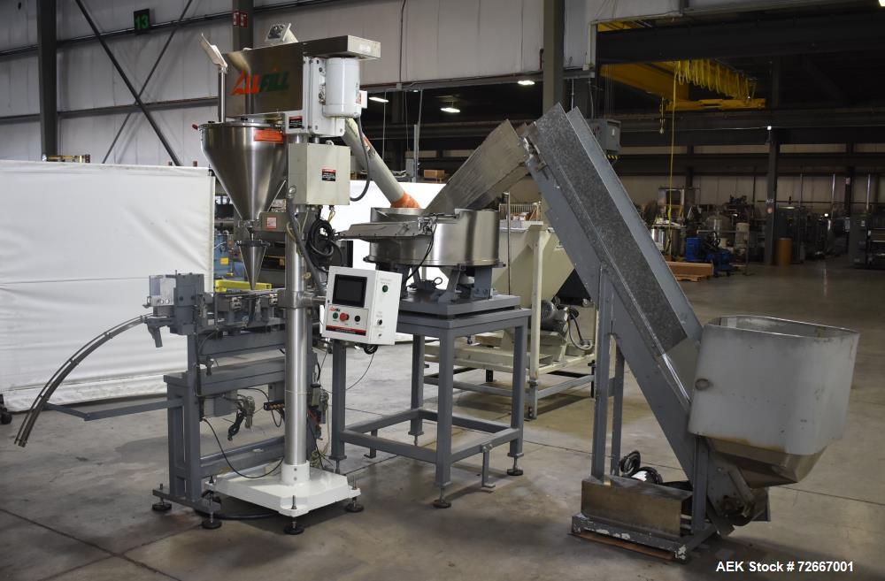 Used All-Fill Powder Tube Filling Line. Consisting of: All Fill B-600 Single Head Semi-Automatic Auger Filler. Has level sensor, agitator and tooling, collector funnel. Currently set up for 1" diamet...