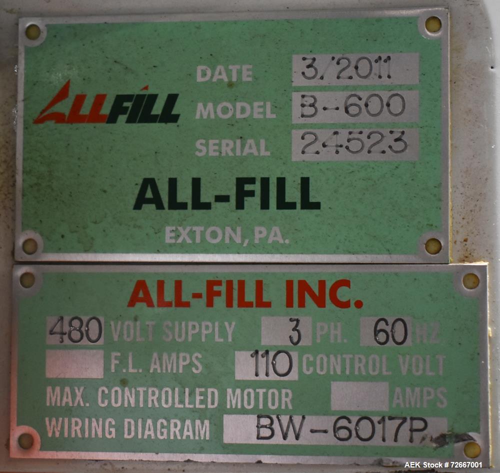 Used All-Fill Powder Tube Filling Line. Consisting of: All Fill B-600 Single Head Semi-Automatic Auger Filler. Has level sensor, agitator and tooling, collector funnel. Currently set up for 1" diamet...