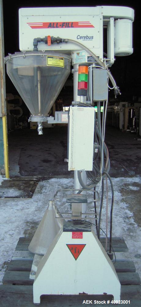 Used All Fill Single Auger Filler, Model BS400. (1) 316 stainless steel, and (1) plastic hopper approximately 22" diameter x 4" straight side x 18" cone. Shaft with an end Moyno type stator, driven b...