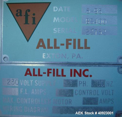 Used All Fill Single Auger Filler, Model BS400. (1) 316 stainless steel, and (1) plastic hopper approximately 22" diameter x 4" straight side x 18" cone. Shaft with an end Moyno type stator, driven b...