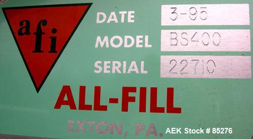 Used All Fill Inc Single Auger Filler, Model BS400, 304 Stainless Steel Contact Parts. Hopper is 22" diameter x 4" straight side x 18" cone. 1-3/8" diameter auger, driven by a 1/2 HP, 3/60/230/460 Vo...