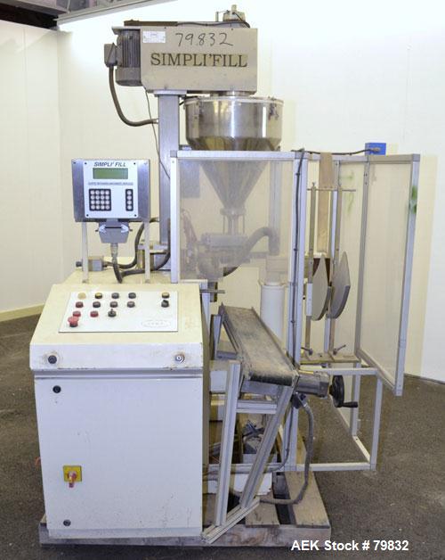 Used Curtis Packaging Machinery Service Model Simpli Fill Powder Auger-Filler. 18" Diameter x 6-1/2" straight side x 14" cone hopper with side scrapers and auger. Driven by .5hp motor, 6" wide x 39" ...