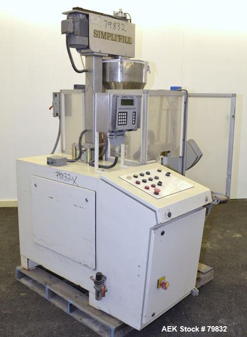 Used Curtis Packaging Machinery Service Model Simpli Fill Powder Auger-Filler. 18" Diameter x 6-1/2" straight side x 14" cone hopper with side scrapers and auger. Driven by .5hp motor, 6" wide x 39" ...