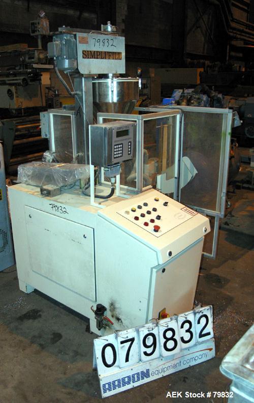Used Curtis Packaging Machinery Service Model Simpli Fill Powder Auger-Filler. 18" Diameter x 6-1/2" straight side x 14" cone hopper with side scrapers and auger. Driven by .5hp motor, 6" wide x 39" ...