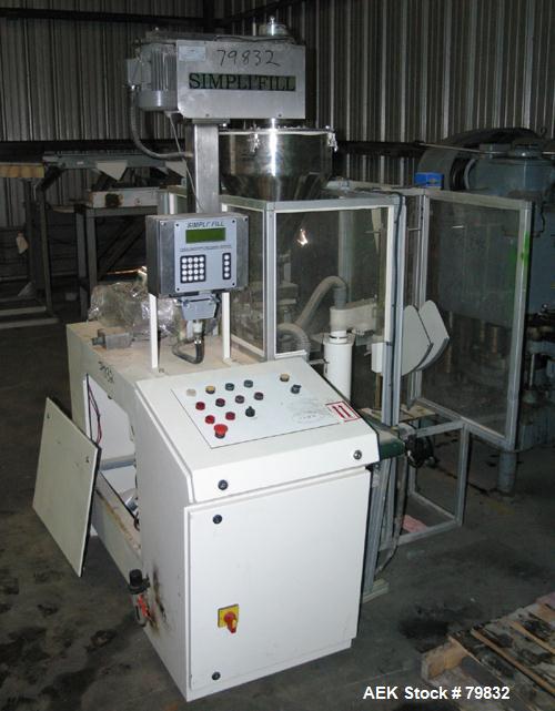 Used Curtis Packaging Machinery Service Model Simpli Fill Powder Auger-Filler. 18" Diameter x 6-1/2" straight side x 14" cone hopper with side scrapers and auger. Driven by .5hp motor, 6" wide x 39" ...
