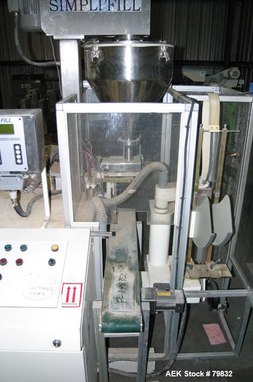 Used Curtis Packaging Machinery Service Model Simpli Fill Powder Auger-Filler. 18" Diameter x 6-1/2" straight side x 14" cone hopper with side scrapers and auger. Driven by .5hp motor, 6" wide x 39" ...