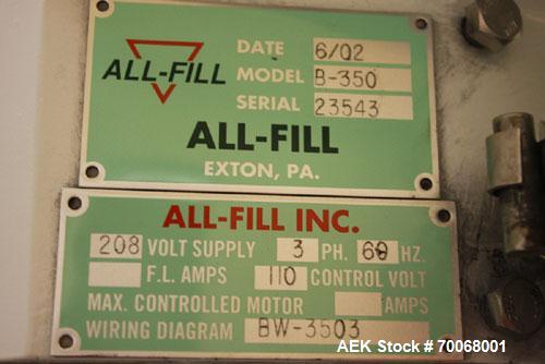 Used All-Fill B-350 Auger Filler. Semi-automatic, complete with agitated hopper. Has foot pedal for indexing, stainless steel hopper, 3/60/208V.