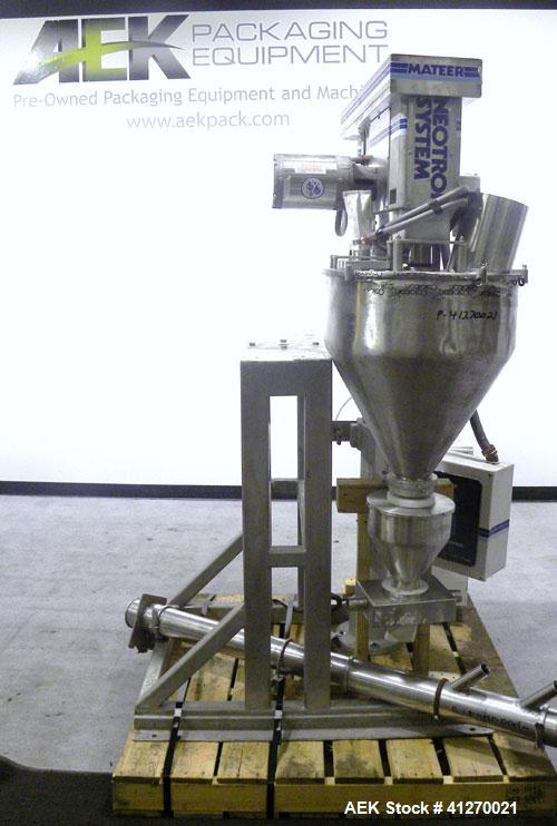 Used GEI Mateer Burt Semi-Automatic Single Auger Filler, model 1100, stainless steel. Agitated hopper approximately 22" diameter with dust cover, driven by a 1/2 hp, 3/60/208-230/460 volt, 1725 rpm m...
