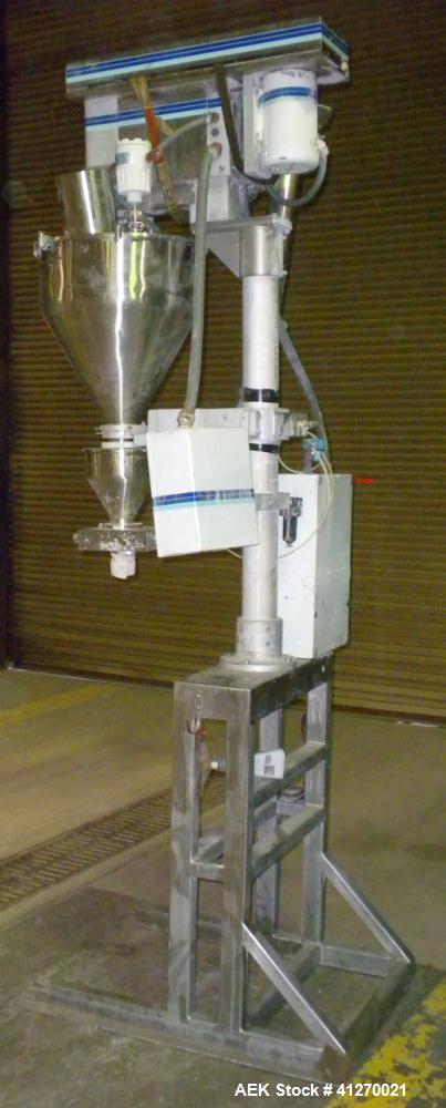 Used GEI Mateer Burt Semi-Automatic Single Auger Filler, model 1100, stainless steel. Agitated hopper approximately 22" diameter with dust cover, driven by a 1/2 hp, 3/60/208-230/460 volt, 1725 rpm m...