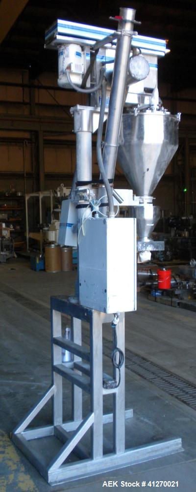 Used GEI Mateer Burt Semi-Automatic Single Auger Filler, model 1100, stainless steel. Agitated hopper approximately 22" diameter with dust cover, driven by a 1/2 hp, 3/60/208-230/460 volt, 1725 rpm m...