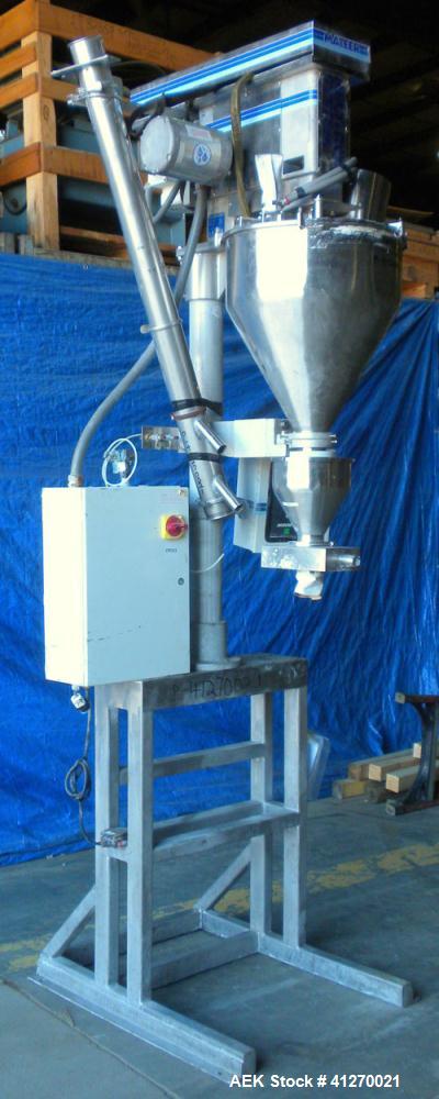 Used GEI Mateer Burt Semi-Automatic Single Auger Filler, model 1100, stainless steel. Agitated hopper approximately 22" diameter with dust cover, driven by a 1/2 hp, 3/60/208-230/460 volt, 1725 rpm m...