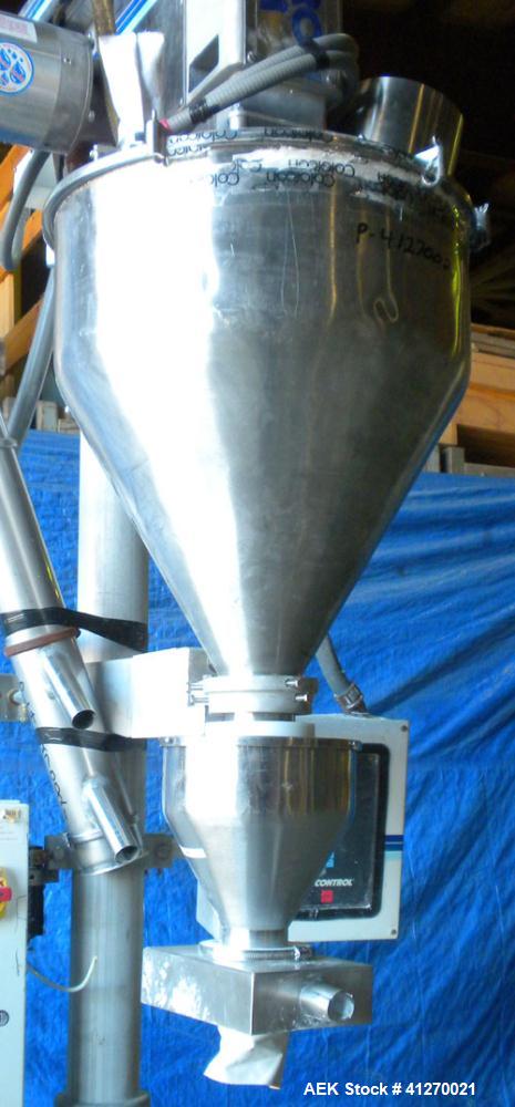 Used GEI Mateer Burt Semi-Automatic Single Auger Filler, model 1100, stainless steel. Agitated hopper approximately 22" diameter with dust cover, driven by a 1/2 hp, 3/60/208-230/460 volt, 1725 rpm m...
