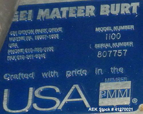 Used GEI Mateer Burt Semi-Automatic Single Auger Filler, model 1100, stainless steel. Agitated hopper approximately 22" diameter with dust cover, driven by a 1/2 hp, 3/60/208-230/460 volt, 1725 rpm m...