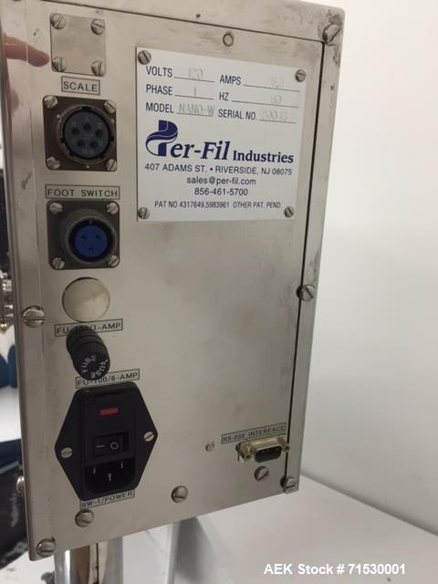 Used Per-Fil Nano Filler, Micro Doser Auger Filler, Model NANO-W. Designed for the precision dosing of powders, granules and pastes 25 mg – 50 gram per dose. The Nano-Filler features a precise, servo...
