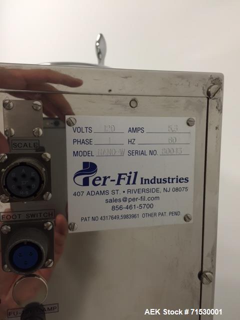 Used Per-Fil Nano Filler, Micro Doser Auger Filler, Model NANO-W. Designed for the precision dosing of powders, granules and pastes 25 mg – 50 gram per dose. The Nano-Filler features a precise, servo...