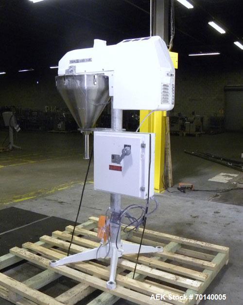 Used Per-Fil Single Semi-Automatic Auger Filler, Model PF-11, 304 Stainless Steel. Fill speed 2 to 30 fills per minute, fill accuracy +/- 1% or better. Hopper with dust cover. Set up for powders, gra...