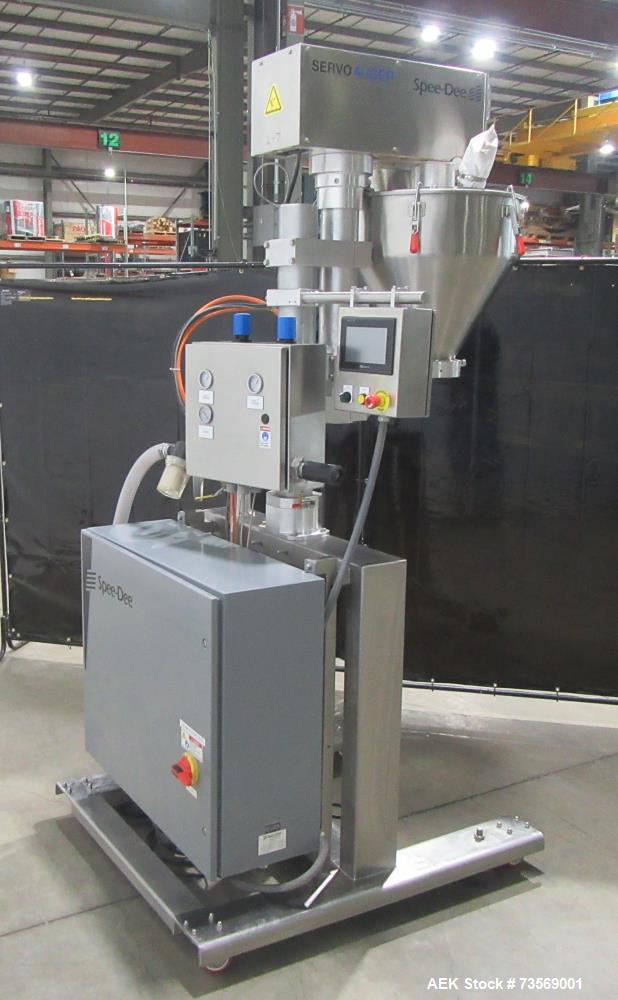 Used Spee-Dee Model 4600 S Semi Automatic Servo Auger Filler. Has stainless Steel agitated hopper. 3/60/240V. This includes a new servo motor from Spee-Dee.