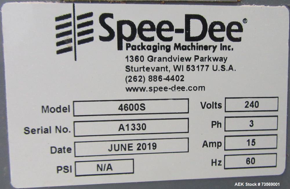 Used Spee-Dee Model 4600 S Semi Automatic Servo Auger Filler. Has stainless Steel agitated hopper. 3/60/240V. This includes a new servo motor from Spee-Dee.