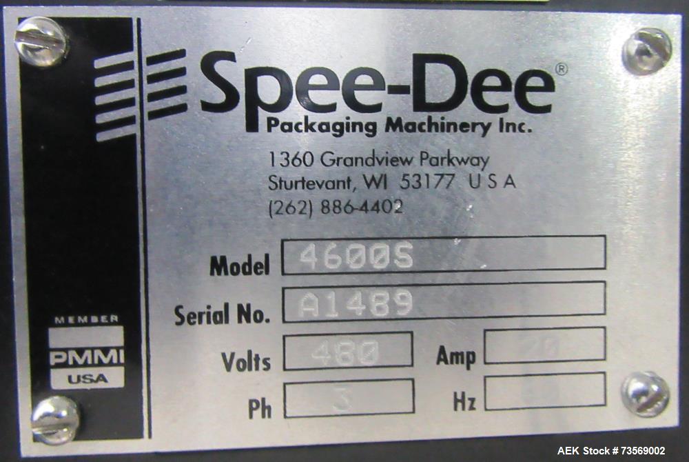 Used Spee-Dee Model 4600 S Semi Automatic Servo Auger Filler. Has stainless Steel agitated hopper. 3/60/240V. This includes a new servo motor from Spee-Dee.