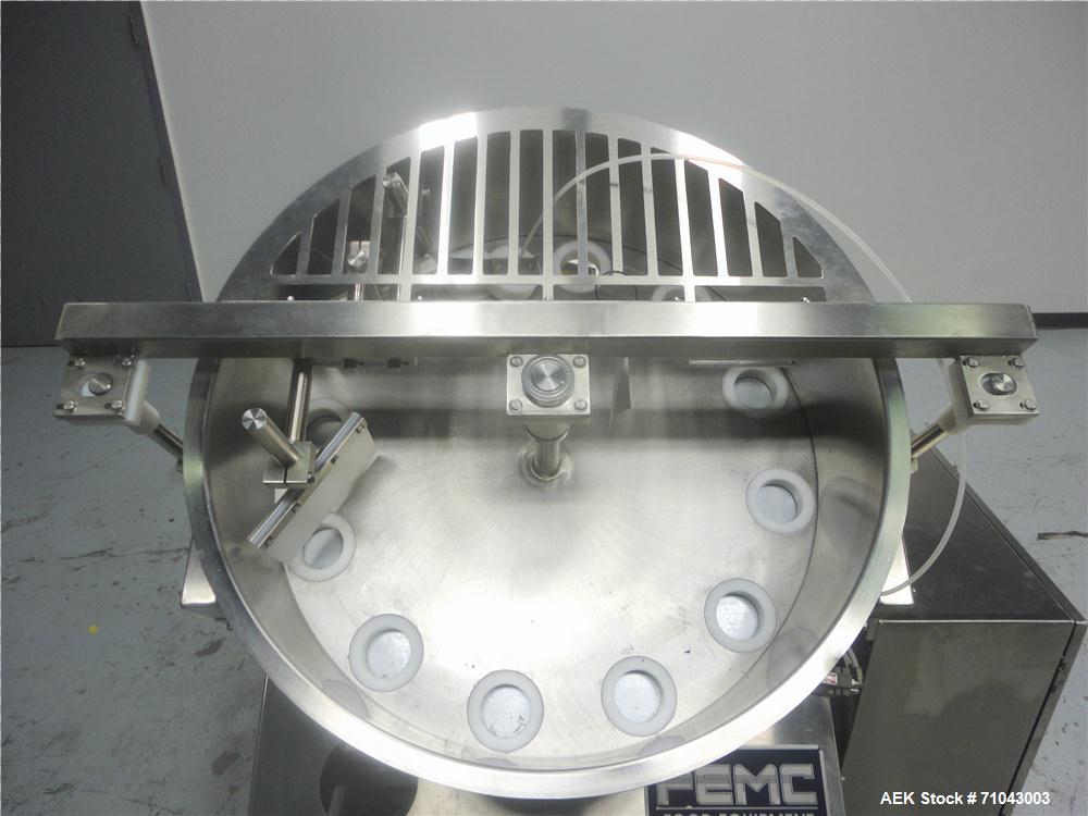 Used FEMC Model 1134 Angular Dial Volumetric Filler. Machine is capable of speeds up to 160 containers per minute. Hopper capacity: 1200 CU in. Product dispensing volume up to 50 CU IN. Designed for ...