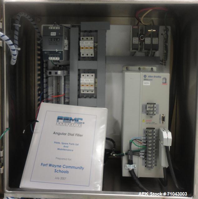 Used FEMC Model 1134 Angular Dial Volumetric Filler. Machine is capable of speeds up to 160 containers per minute. Hopper capacity: 1200 CU in. Product dispensing volume up to 50 CU IN. Designed for ...