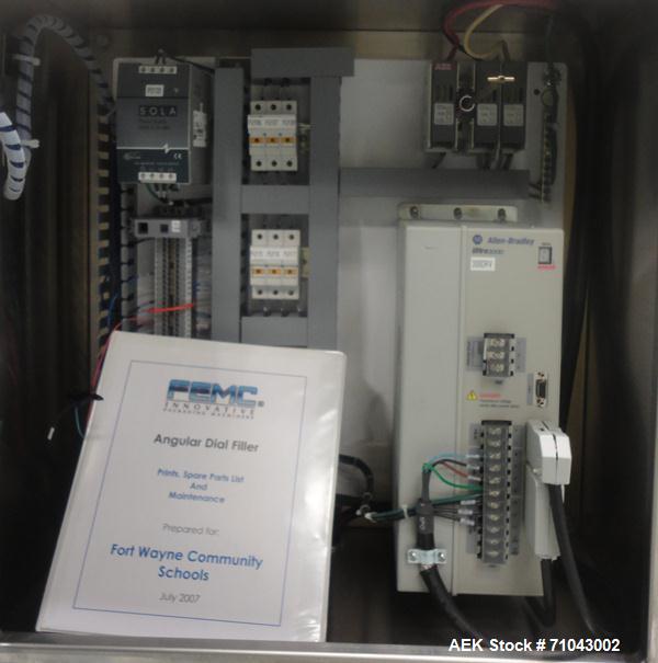 Used FEMC Model 1134 Angular Dial Volumetric Filler. Machine is capable of speeds up to 160 containers per minute. Hopper capacity: 1200 cubic inch. Product dispensing volume up to 50 cubic inch. Des...