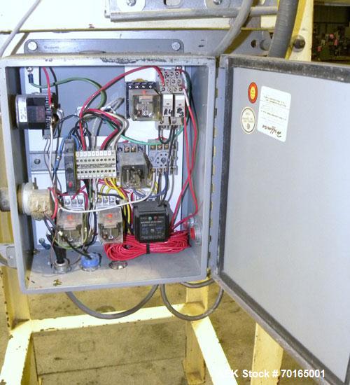 Used Spee-Dee 4-Pocket Volumetric Cup Filler. Has approximately (4) 2" diameter cups with stainless steel supply hopper mounted on base. Machine also has automatic indexing. Mounted on a carbon steel...