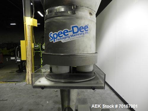 Used Spee-Dee BR-344 Volumetric Cup Filler. Capable of speeds up to 80 fills per minute. Has a 1.5 cubic foot stainless steel hopper. Cup size: diameter 4", length .62" to 12" with changeparts. Clutc...